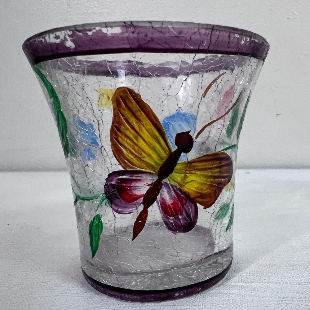 Vintage Butterfly Votive Candle Holder Crackle Glass Purple Rim Floral‎